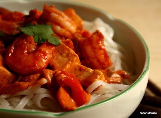 Thai curry with shrimp on rice noodles